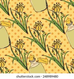 Health and Nature Collection. Herbs and bottles with oil on spotted seamless background. Citronella - Cymbopogon citratus 