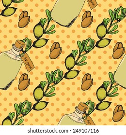 Health and Nature Collection. Herbs and bottles with oil on spotted seamless background. Argan tree - Argania spinosa 