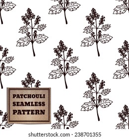Health and Nature Collection. Seamless pattern with a herb and cardboard card.  Patchouli  - Pogostemon cablin
