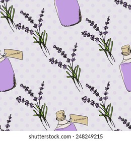 Health and Nature Collection. Seamless pattern with herbs and bottles with oil on spotted background. Lavender -  Lavandula angustifolia