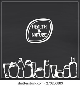Health and Nature logo with different bottles. Vector illustration