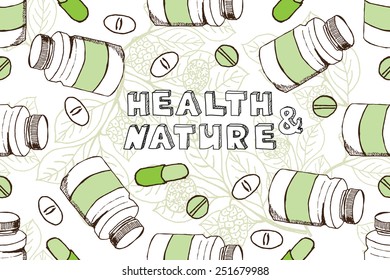 Health and Nature Supplements Collection.  Bckground with herbs and pills.  Noni Fruit   - Morinda Citrifolia 