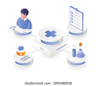 Gesundheitsnetz und Ärzte, die Medikamente in isometrischen Illustrationen verschreiben