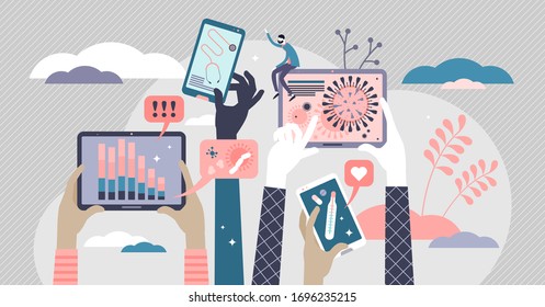 Health news vector illustration. Covid-19 information spreading in flat tiny persons concept. 