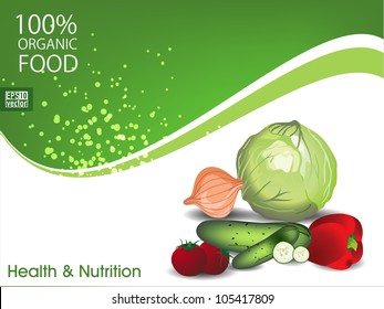 Health and Nutrition background with organic food and green wave concept. EPS 10.