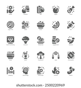 Health and Nutrition icon pack for your website, mobile, presentation, and logo design. Health and Nutrition icon glyph design. Vector graphics illustration and editable stroke.