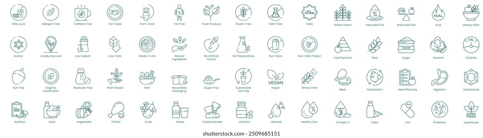  Health and Nutrition Icons: Food, Protein, Water, Vitamins, Healthy Fats, Saturated Fats, K-Cal, Meat, Meal Planning, Antioxidants, Fiber, Nutrients, Omega-3, Iron, and Superfoods