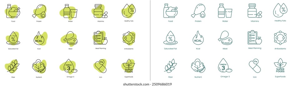 Health and Nutrition Icons: Food, Protein, Water, Vitamins, Healthy Fats, Saturated Fats, K-Cal, Meat, Meal Planning, Antioxidants, Fiber, Nutrients, Omega-3, Iron, and Superfoods