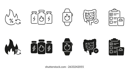 Linha de Saúde e Nutrição e Conjunto de Ícones Sólido. Suplemento, Exercício, Exame de Saúde, Chamas, Intestinos e Coleção de Símbolos de Garrafas de Energia. Ilustração de vetor isolada.