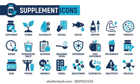 Health and nutrition supplement elements set, modern minimalist style, fitness icons, vitamins, minerals, pills, protein, and medicine.