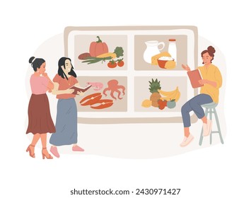 Health and nutrition workshop isolated concept vector illustration. Healthy eating workshop, nutrition habits corrective, preventive children care, learn cooking, losing weight vector concept.