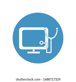 health online concept, computer and stethoscope icon over white background, block style, vector illustration