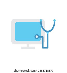 health online concept, computer and stethoscope icon over white background, flat style, vector illustration