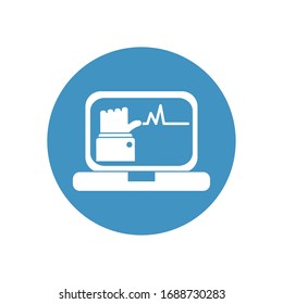 health online concept, laptop computer with doctor online on screen over white background, block style, vector illustration