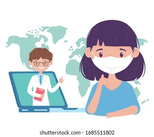 health online, consultation doctor and patient girl on laptop covid 19 coronavirus vector illustration