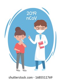 health online, doctor with mask and woman with cough covid 19 coronavirus vector illustration