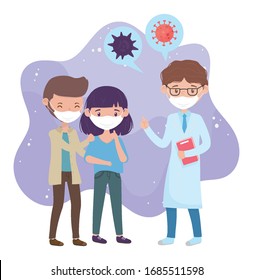 health online, doctor and people with medical mask protection covid 19 coronavirus vector illustration