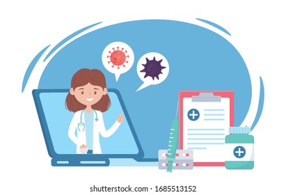 health online, female doctor in laptop report medicine prescription covid 19 coronavirus vector illustration