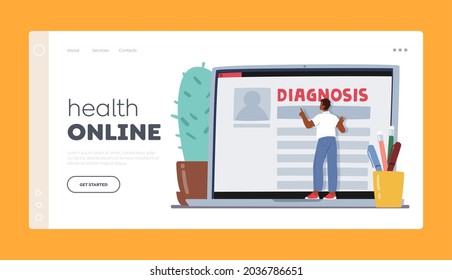 Health Online Landing Page Template. Patient Character Read Medicine Diagnosis Description on Laptop Screen. Smart Medical Technology. Character Use Pc for Consultation. Cartoon Vector Illustration
