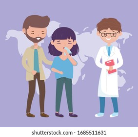 health online, sick people and doctor world covid 19 coronavirus vector illustration