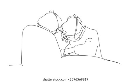 Health and operating surgery concept. Single continuous single line drawing group of team surgeon doctor doing surgery operation to the patient with critical condition.  Hand made vector not Al