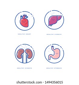 Health organs. Happy human organs. Heart. Liver. Kidneys and Stomach. Kavaii style.
