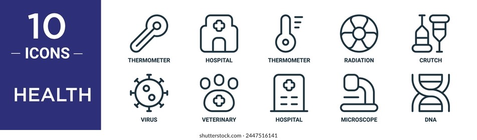 health outline icon set includes thin line thermometer, hospital, thermometer, radiation, crutch, virus, veterinary icons for report, presentation, diagram, web design