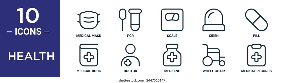Health Outline Icon Set umfasst dünne Linie medizinische Maske, PCR, Skala, Sirene, Pille, medizinisches Buch, Arzt Icons für Bericht, Präsentation, Diagramm, Webdesign