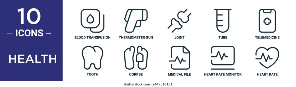 conjunto de iconos de contorno de salud incluye transfusión de sangre de línea fina, pistola de termómetro, articulación, tubo, telemedicina, diente, iconos de cadáver para informe, presentación, diagrama, Diseño web
