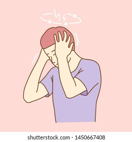 Health and pain. Stressed exhausted young man having strong tension headache.