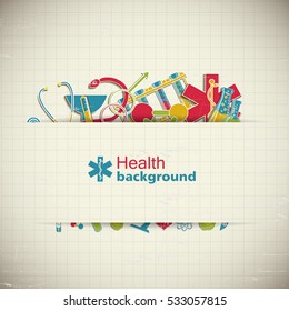 Health paper style background with medical equipment symbols vector illustration