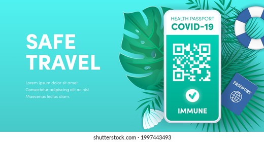 Health pass app for safe travel. Electronic Covid-19 immunity passport QR code on smartphone screen vector banner. Vaccination or negative coronavirus test green valid certificate on mobile phone.