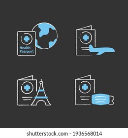 Health passport chalk icons set.Document for traveling. Information about health status. Fight against Coronavirus. Vaccination card and mask.Isolated vector illustration on chalkboard