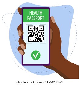 Health Passport Concept. Black Hand Holding A Smartphone With QR Code, Vaccination Status. Vector Illustration In Flat Style

