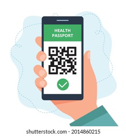 Health Passport Concept. Hand Holding A Smartphone With QR Code, Vaccination Status. Vector Illustration In Flat Style