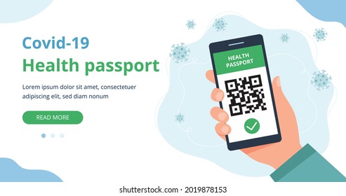 Health passport concept. hand holding a smartphone with QR code, vaccination status. Landing page banner template, vector illustration in flat style