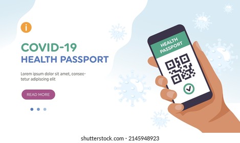 Health passport concept. hand holding a smartphone with QR code, vaccination status. Landing page banner template, vector illustration in flat style