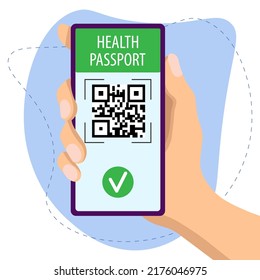 Health Passport Concept. Hand Holding A Smartphone With QR Code, Vaccination Status. Vector Illustration In Flat Style