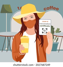 Health passport of Coronavirus vaccination, vaccination certificate, COVID 19 document mandatory. Traveling, new normal. Girl or woman in cafe, restaurant. Flat design vector illustration