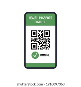 Health passport COVID-19  on mobile phone screen with qr-code and check mark immune. Health certificate app with on-line tracking coronavirus infection for tourism. Flat design vector illustration.