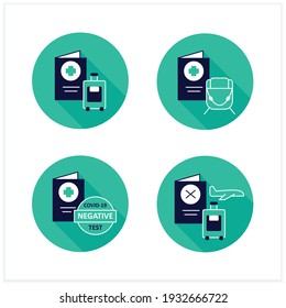 Health passport flat icons set. Necessary document. Information about health status. Nagative test. Fight against Coronavirus. Vaccination card. Covid19 concept. Vector illustrations