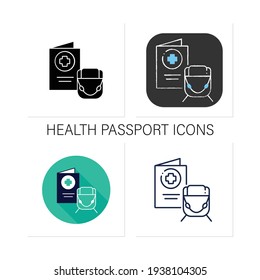 Health passport icons set. Necessary document about health status for travel. Vaccinated card.Surely put in bag.Collection of icon in liner, glyph, chalk, flat styles.Isolated vector illustrations