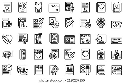 Health passport icons set outline vector. Vaccine syringe. Covid injection