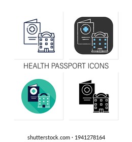 Health passport icons set. Health status. Vaccinated card.Necessarily in government place, school and bank.Collection of icon in liner, glyph, chalk, flat styles.Isolated vector illustrations