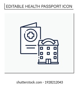 Health passport line icon. Necessary document about health status. Vaccinated card. Necessarily in government place, school and bank.Covid19 concept. Isolated vector illustration.Editable stroke