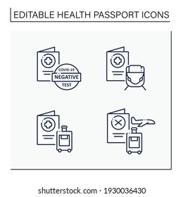 Health passport line icons set. Necessary document. Information about health status. Negative test. Fight against Coronavirus. Vaccination card. Covid19 concept. Isolated vector illustrations