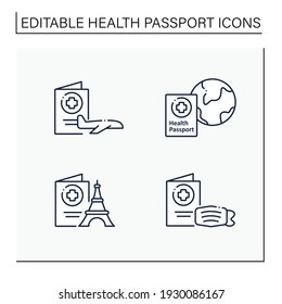 Health passport line icons set. Necessary document for traveling. Information about health status. Fight against Coronavirus. Vaccination card and mask. Covid19 concept. Isolated vector illustrations