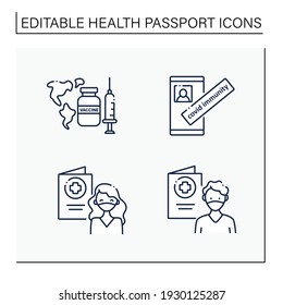 Health passport line icons set.Necessary document.Girl and boy in mask.World vaccination.Covid immunity. Information about health status.Vaccination card.Covid19 concept. Isolated vector illustrations