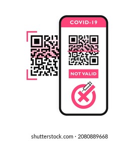 Health passport mobile app for travel and control vaccinated. Mobile phone screen with electronic Covid-19 passport. QR code with cross mark not valid. Vector illustration.