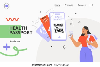 Health passport mobile application or Covid19 vaccination passport. Flat vector illustration. Young woman shows her phone screen with a mobile app. Travel during the pandemic.